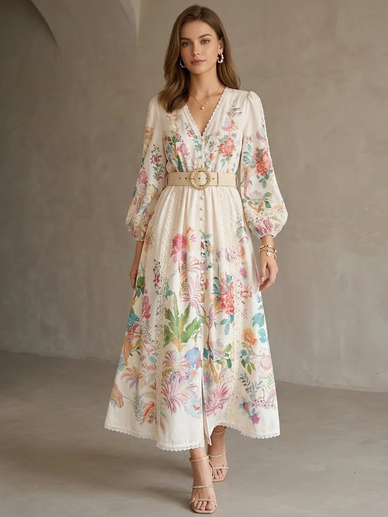 A-Line/Princess V-Neck Printed Lace Wedding Guest Dresses Tea-Length Long Sleeves Floral With Belt - Image 3