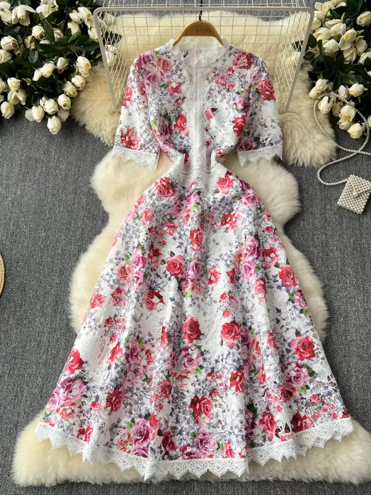 A-Line/Princess V-Neck Printed Lace Wedding Guest Dresses Tea-Length Short Sleeves Floral - Image 2