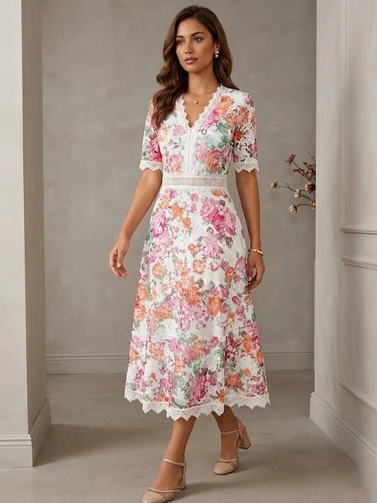 A-Line/Princess V-Neck Printed Lace Wedding Guest Dresses Tea-Length Short Sleeves Floral - Image 4