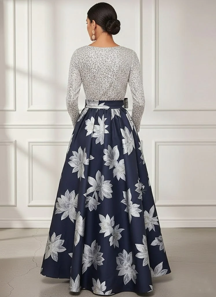 A-Line/Princess V-Neck Printed Satin Mother of the Bride Dresses Sequins Long Sleeves Floral Floor-Length Bowknot - Image 2