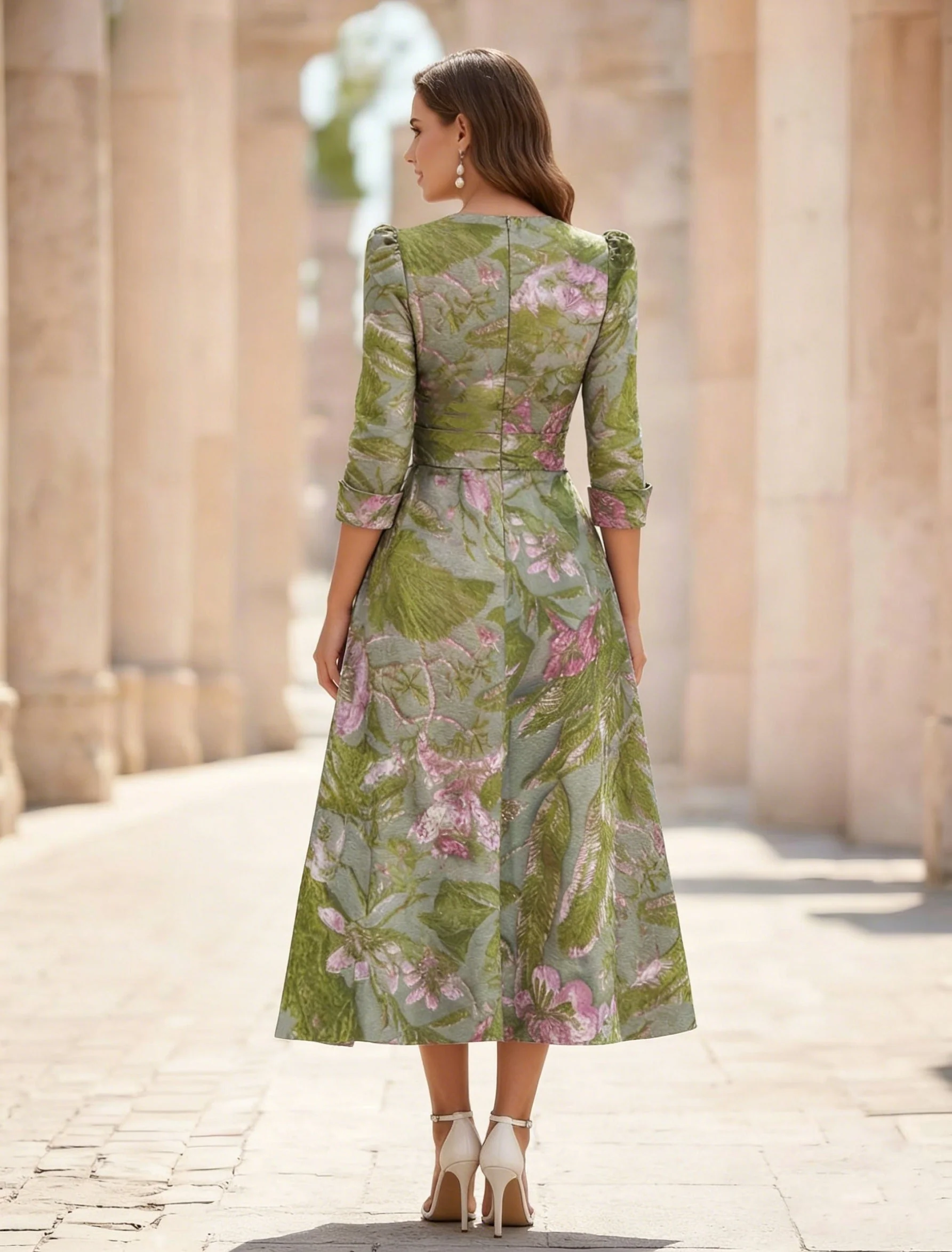 A-Line/Princess V-Neck Printed Satin Mother of the Bride Dresses with Bowknot 3/4 Sleeves Floral Tea-Length - Image 2