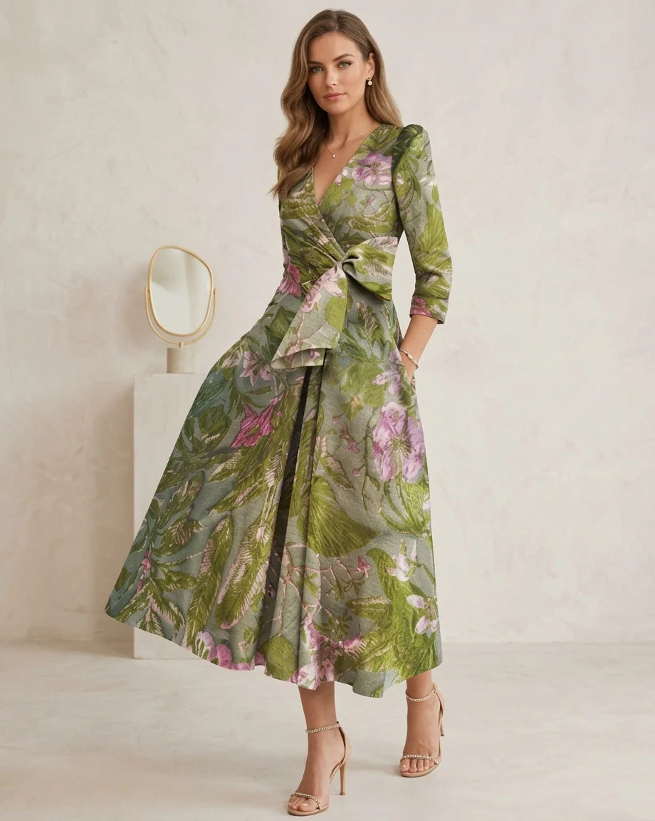 A-Line/Princess V-Neck Printed Satin Mother of the Bride Dresses with Bowknot 3/4 Sleeves Floral Tea-Length - Image 3
