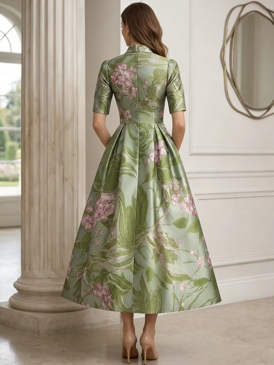 A-Line/Princess V-Neck Printed Satin Mother of the Bride Dresses with Bowknot Floral Tea-Length Half Sleeves - Image 2