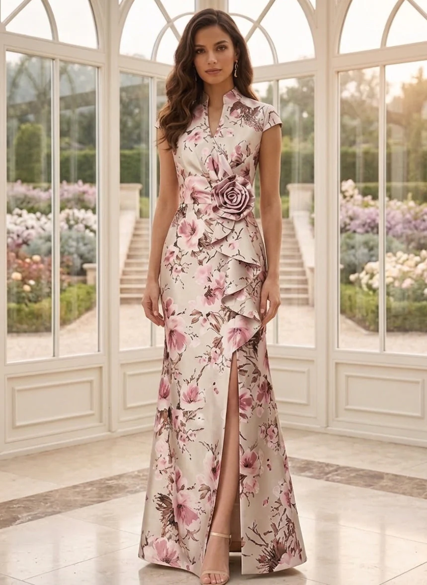 A-Line/Princess V-Neck Printed Satin Mother of the Bride Dresses with Split Side Cap Sleeves Floor-Length 3D Flower Floral - Image 3