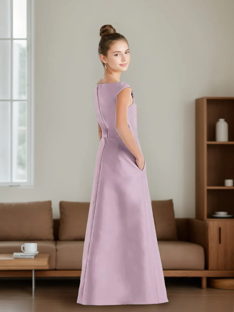 A-Line/Princess V-neck Ruched Floor-Length Junior Bridesmaid Dresses with Pockets - Image 2