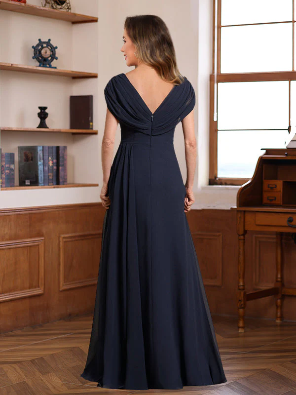 A-Line/Princess V-Neck Ruched Floor-Length Pleated Mother of the Bride & Groom Dresses with Jewel Appliques & Sequins - Image 2