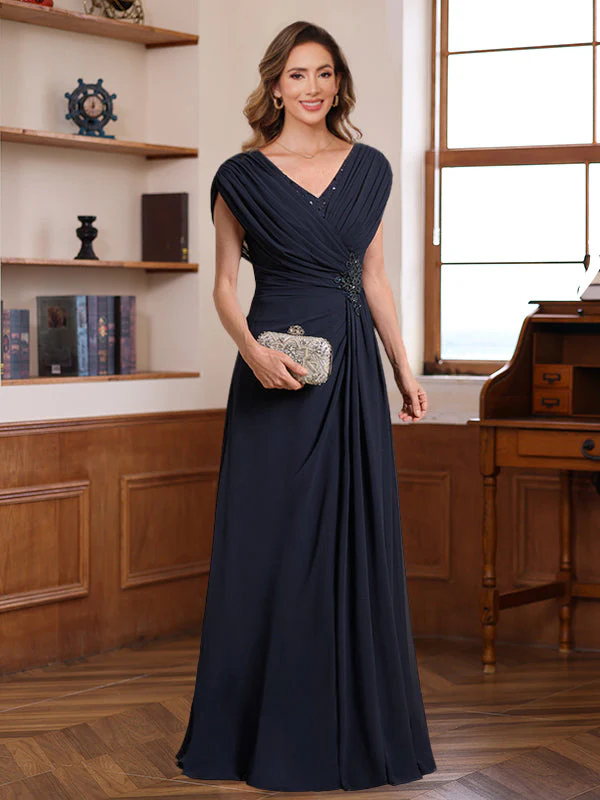 A-Line/Princess V-Neck Ruched Floor-Length Pleated Mother of the Bride & Groom Dresses with Jewel Appliques & Sequins - Image 3