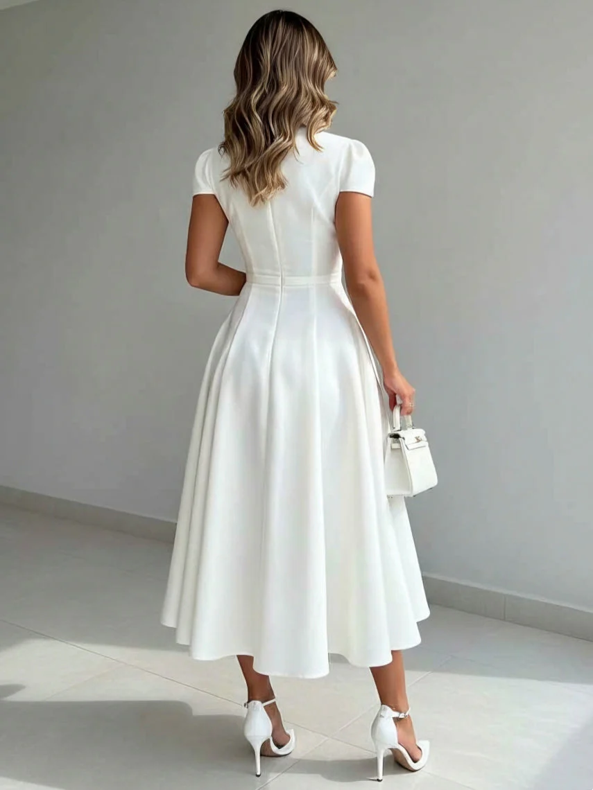 A-Line/Princess V-Neck Satin Cocktail Dresses Cap Sleeves Tea-Length Pleated Formal Dresses - Image 2
