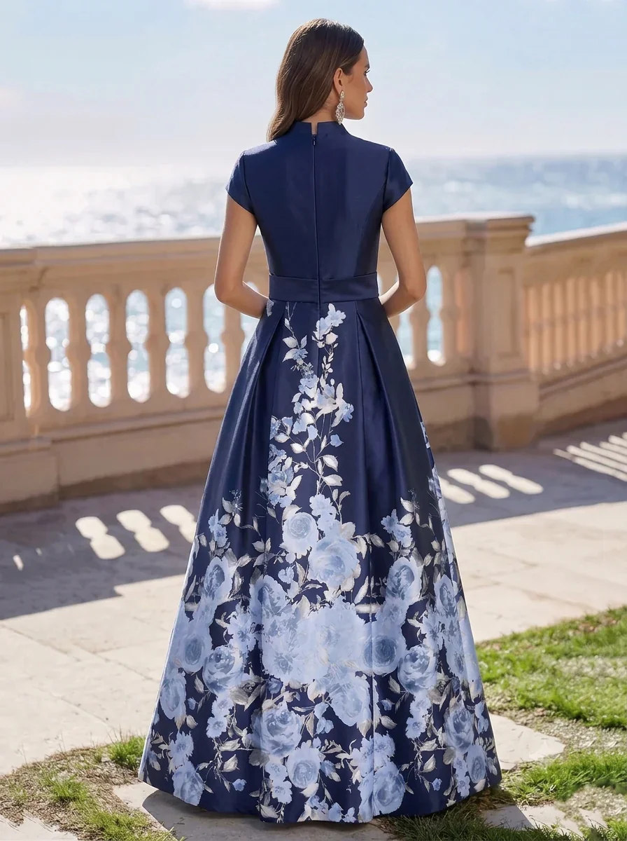 A-Line/Princess V-Neck Satin Evening Dresses Floral Floor-Length Cap Sleeves Formal Dresses - Image 2