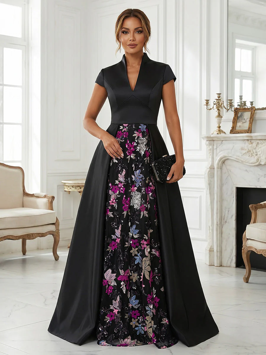 A-Line/Princess V-Neck Satin Formal Dresses with Overskirt Floor-Length Sequins Cap Sleeves Floral Evening Dresses