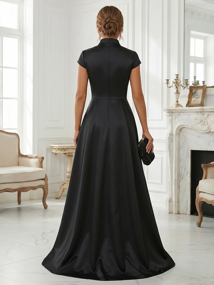 A-Line/Princess V-Neck Satin Formal Dresses with Overskirt Floor-Length Sequins Cap Sleeves Floral Evening Dresses - Image 2