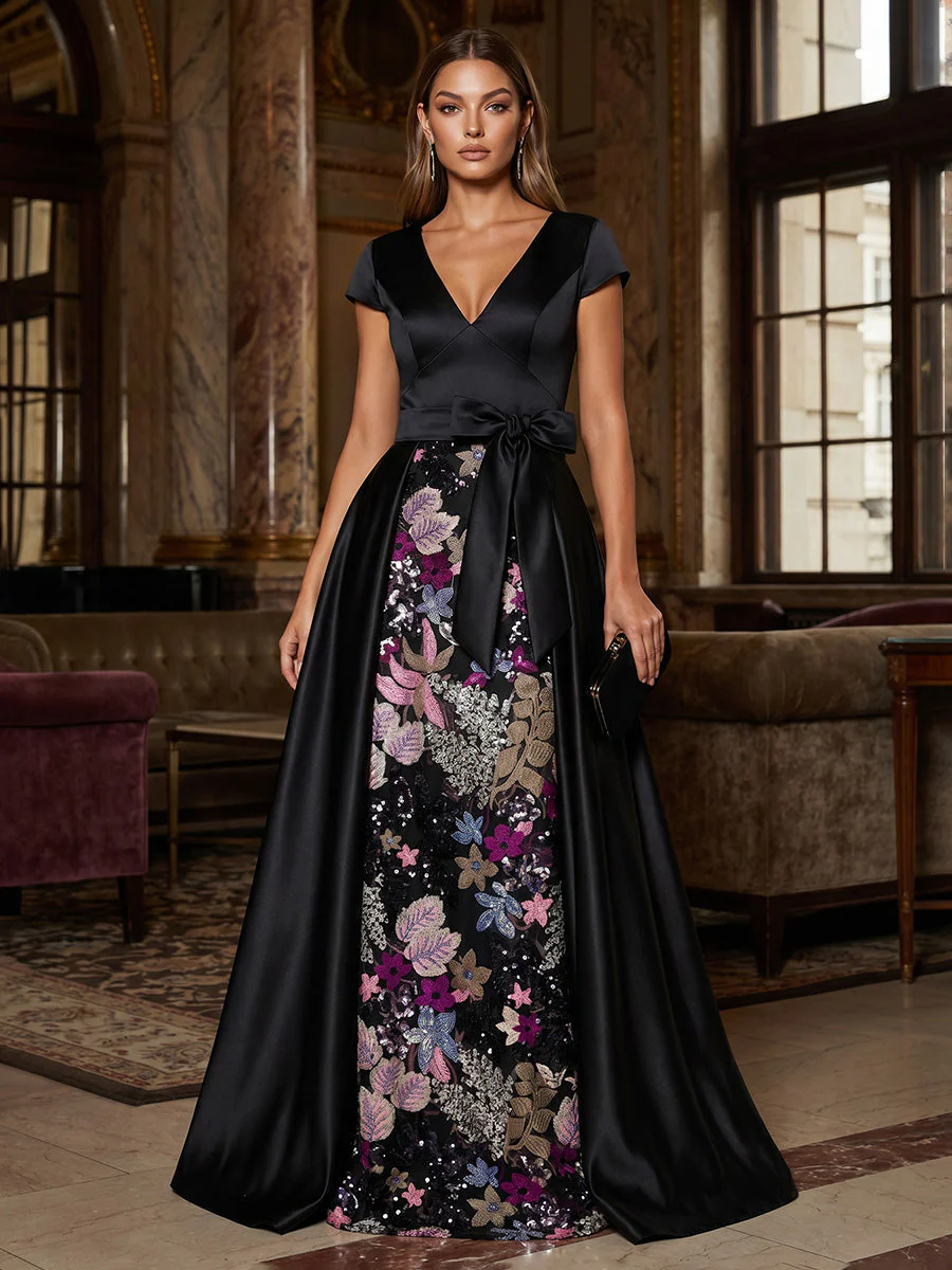 A-Line/Princess V-Neck Satin Formal Dresses with Overskirt Floor-Length Short Sleeves Floral Sequins Evening Dresses