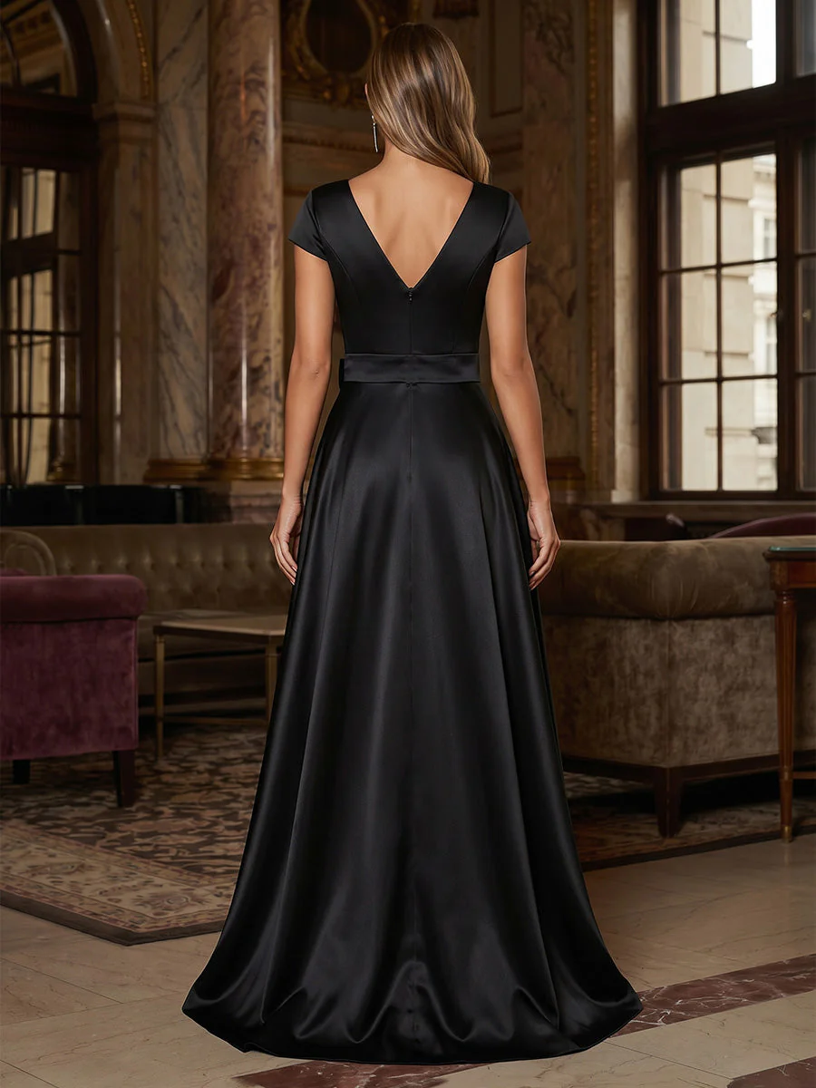 A-Line/Princess V-Neck Satin Formal Dresses with Overskirt Floor-Length Short Sleeves Floral Sequins Evening Dresses - Image 2