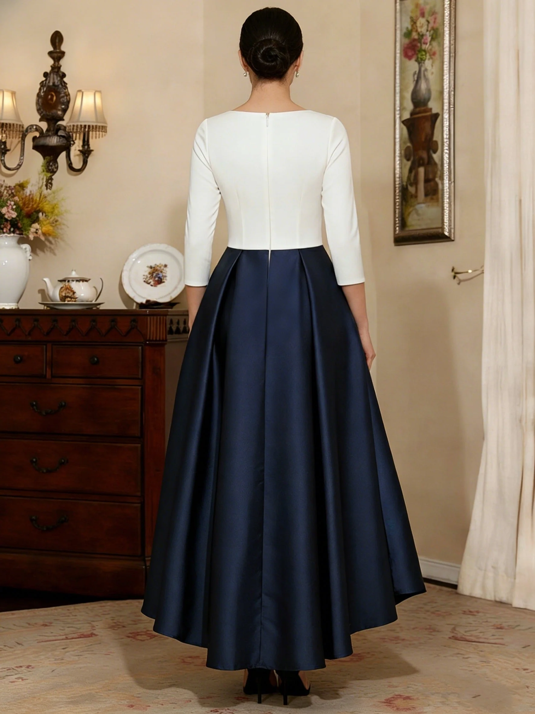 A-Line/Princess V-Neck Satin Mother of the Bride Dresses 3/4 Sleeves Asymmetrical Ankle-Length Lace Ruched - Image 2