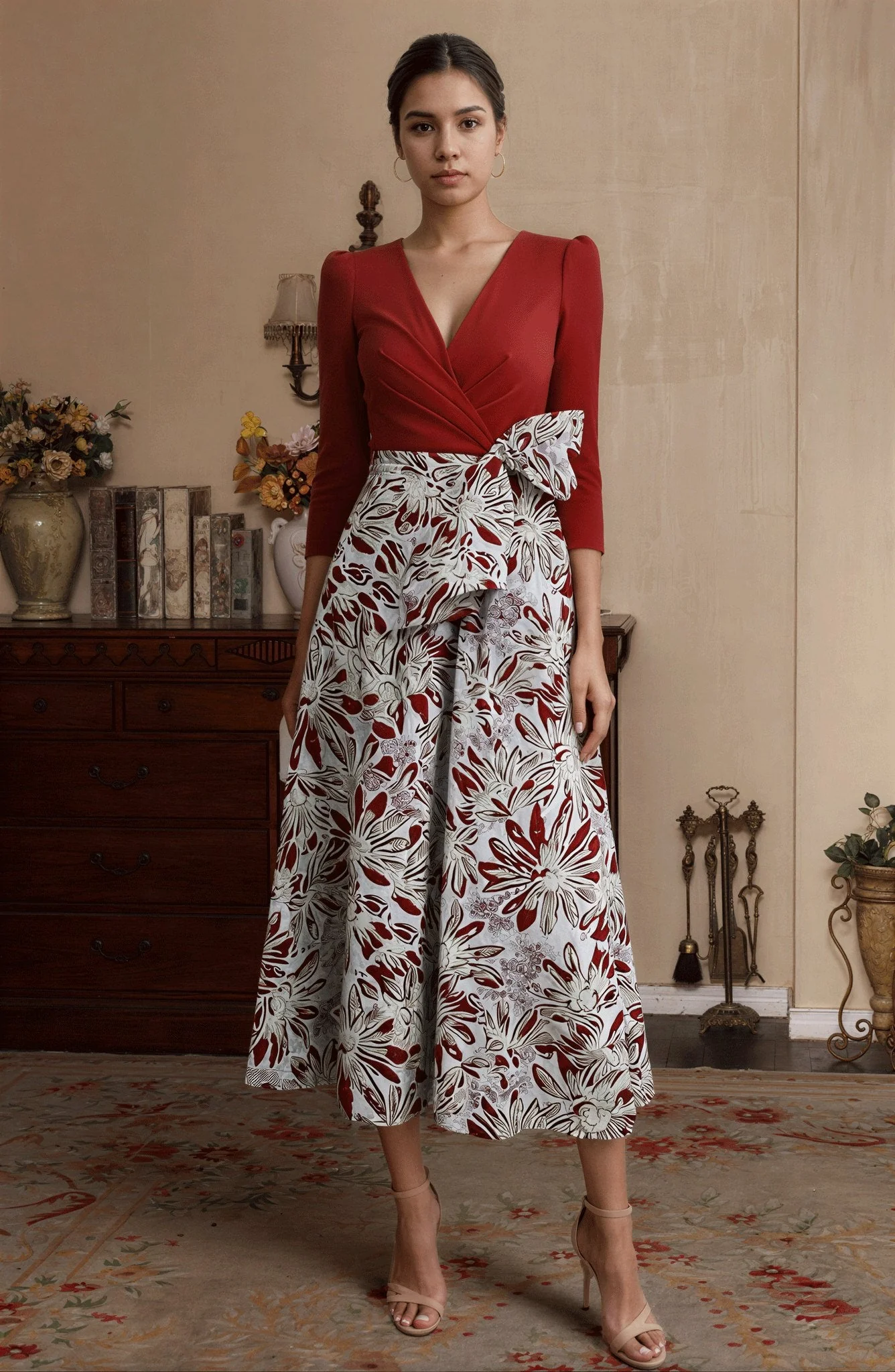 A-Line/Princess V-Neck Satin Mother of the Bride Dresses 3/4 Sleeves Tea-Length Floral with Bow Pleats - Image 3