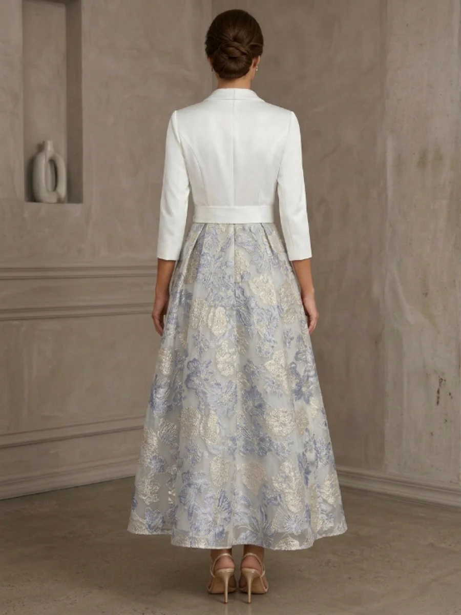 A-Line/Princess V-Neck Satin Mother Of The Bride Dresses Floral 3/4 Sleeves Tea-Length Bowknot - Image 2