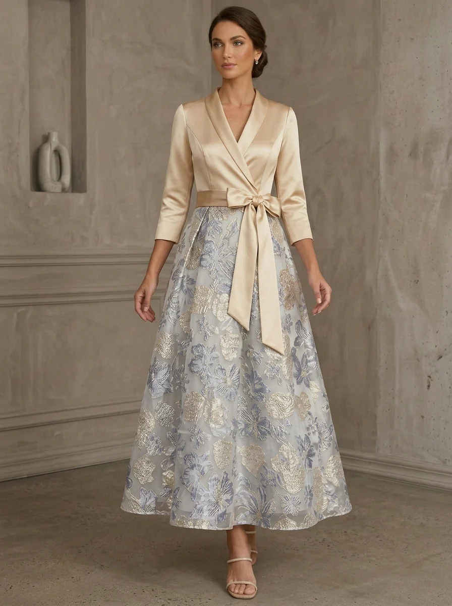 A-Line/Princess V-Neck Satin Mother Of The Bride Dresses Floral 3/4 Sleeves Tea-Length Bowknot - Image 4