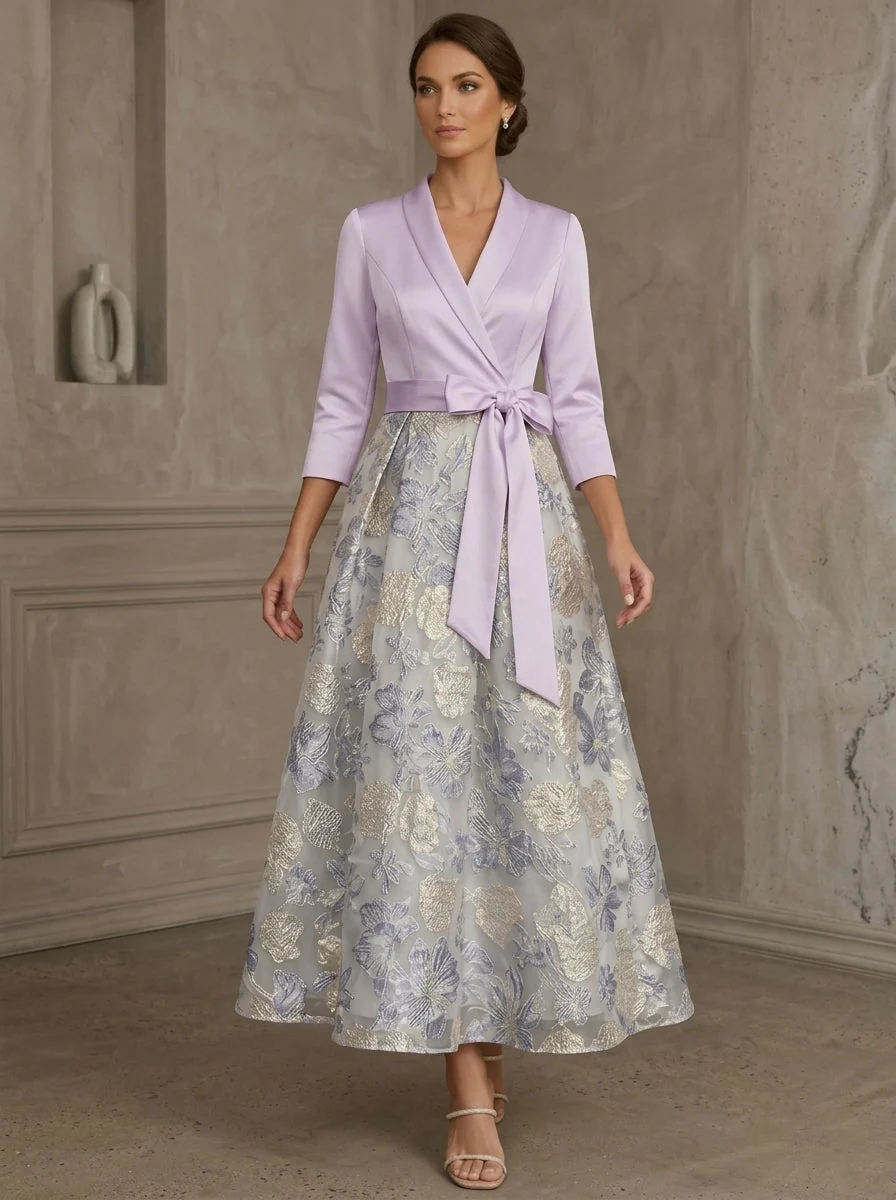 A-Line/Princess V-Neck Satin Mother Of The Bride Dresses Floral 3/4 Sleeves Tea-Length Bowknot - Image 5
