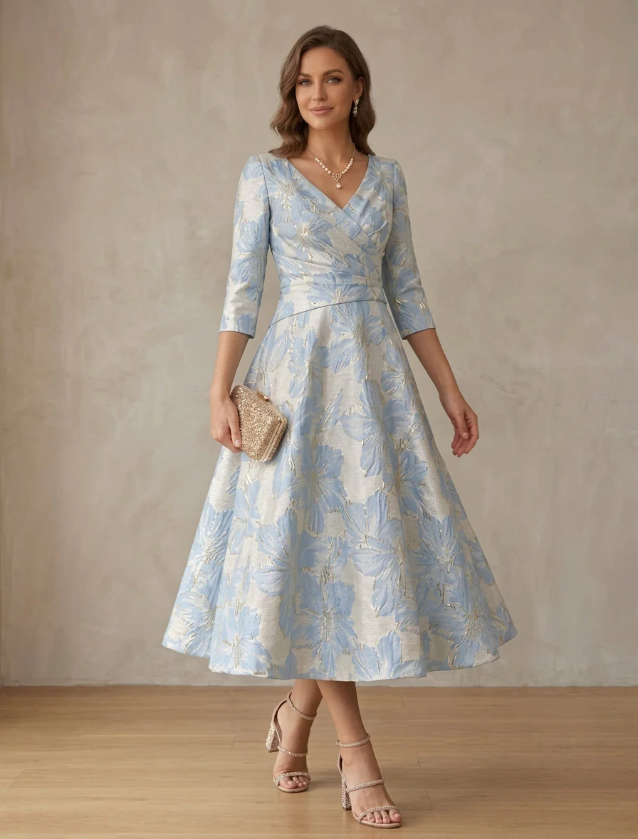 A-Line/Princess V-Neck Satin Mother of the Bride Dresses Floral 3/4 Sleeves Tea-Length Ruched - Image 2