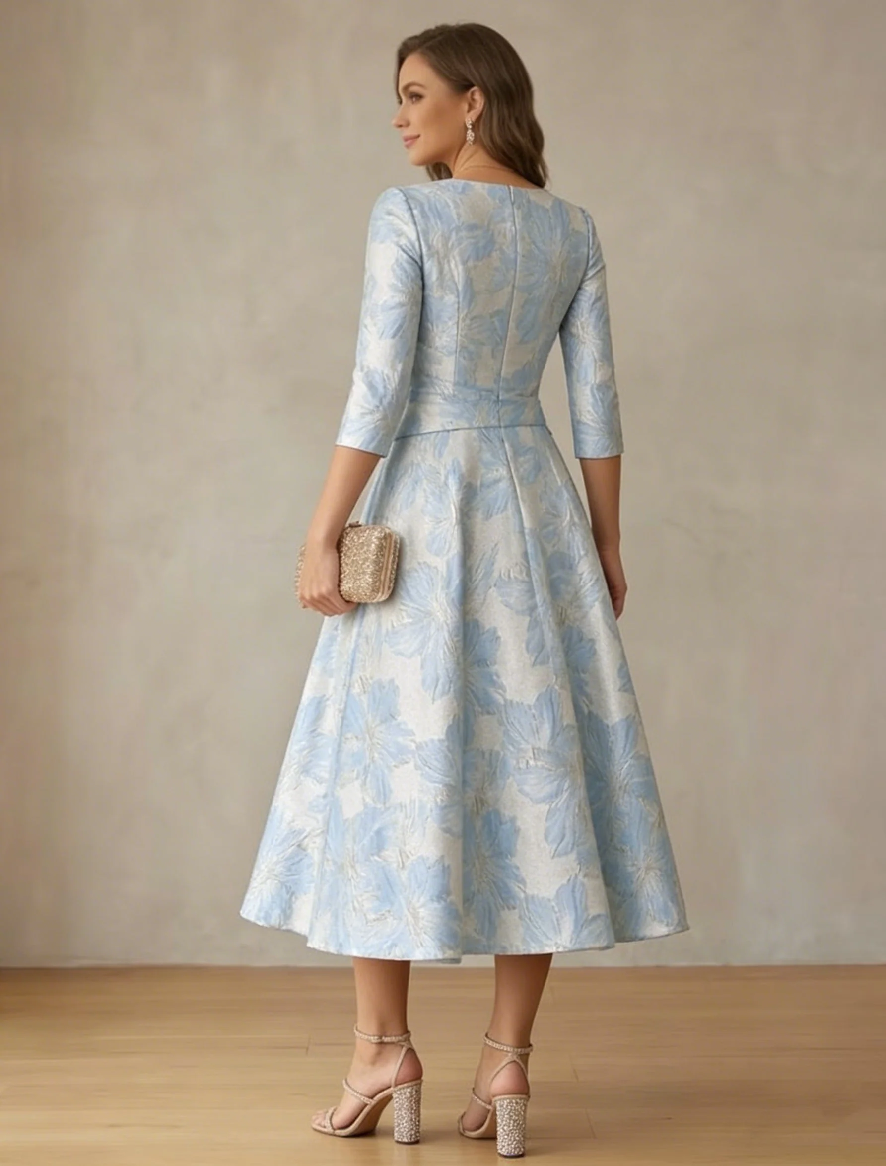 A-Line/Princess V-Neck Satin Mother of the Bride Dresses Floral 3/4 Sleeves Tea-Length Ruched - Image 3