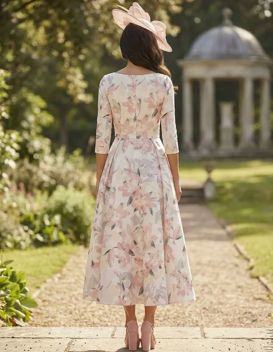 A-Line/Princess V-Neck Satin Mother of the Bride Dresses Floral Tea-Length 3/4 Sleeves Ruched - Image 2