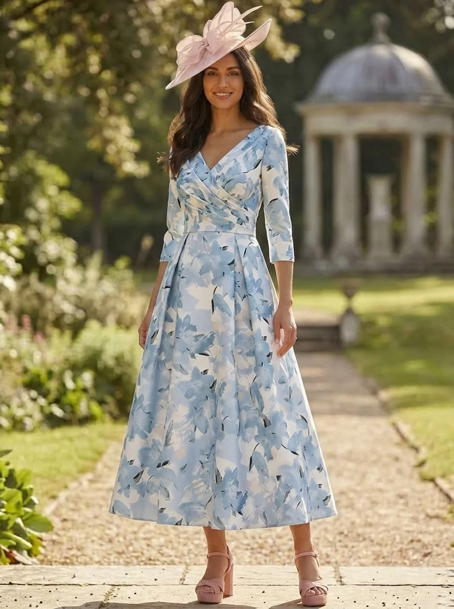 A-Line/Princess V-Neck Satin Mother of the Bride Dresses Floral Tea-Length 3/4 Sleeves Ruched - Image 3