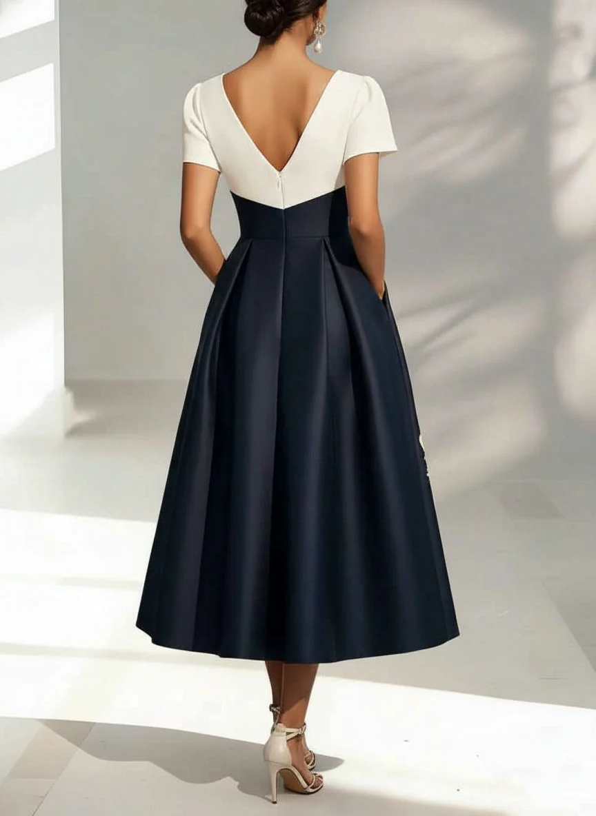 A-Line/Princess V-Neck Satin Mother of the Bride Dresses Short Sleeves Tea-Length Appliques - Image 2