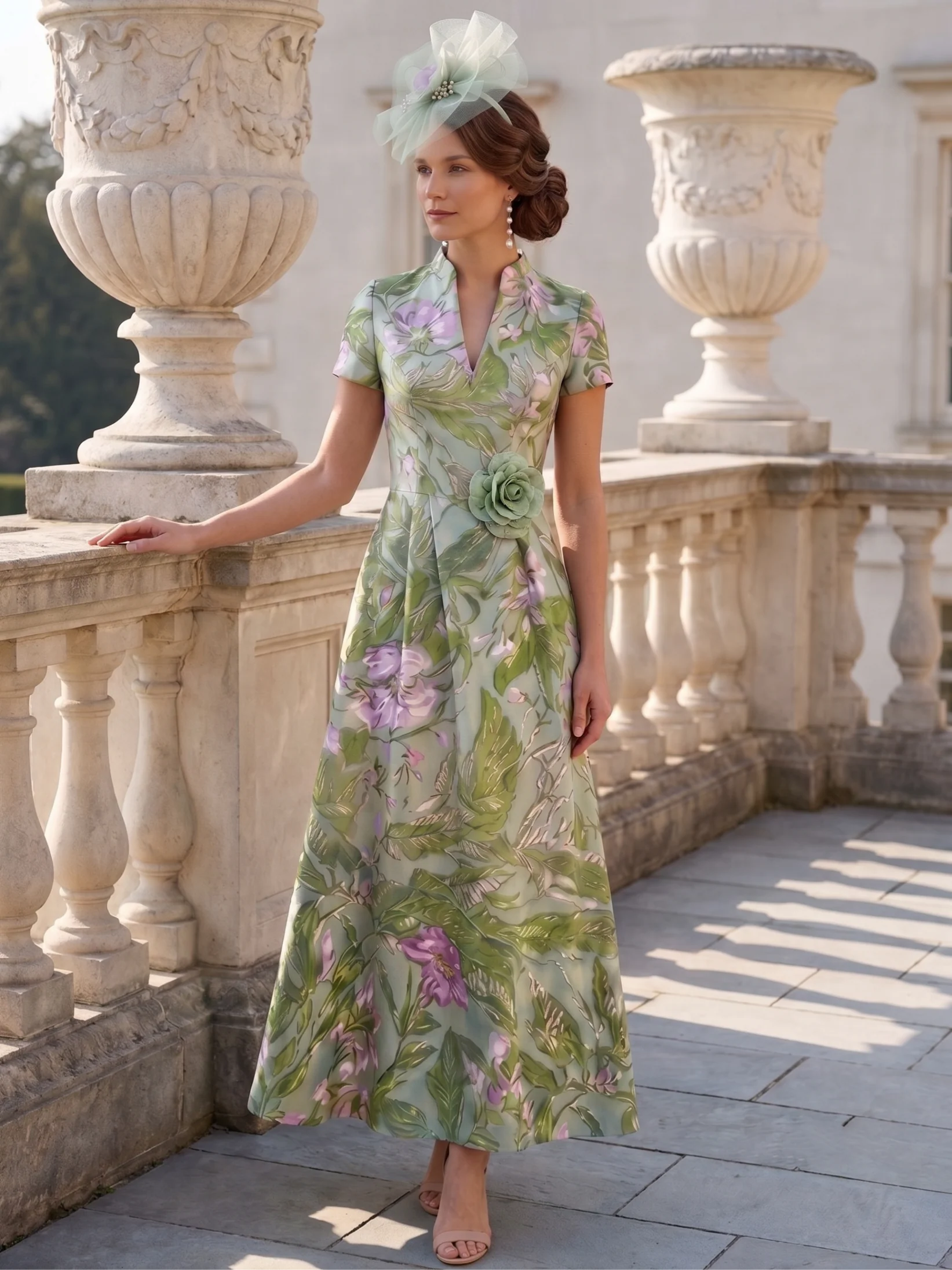 A-Line/Princess V-Neck Satin Mother of the Bride Dresses with 3D Flower Floral Ankle-Length Short Sleeves