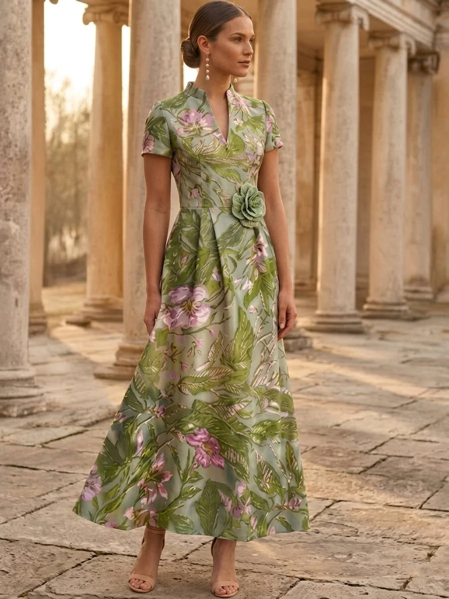 A-Line/Princess V-Neck Satin Mother of the Bride Dresses with 3D Flower Floral Ankle-Length Short Sleeves - Image 2