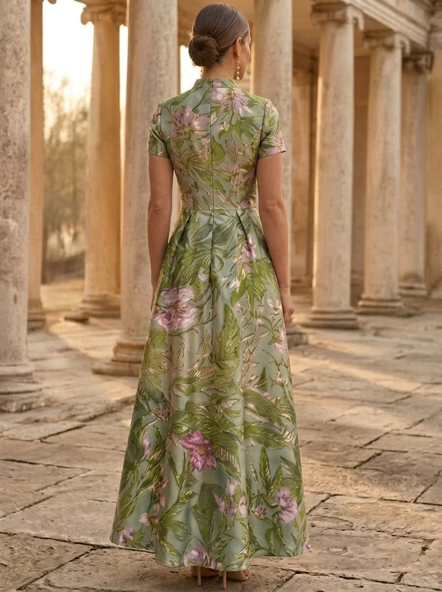A-Line/Princess V-Neck Satin Mother of the Bride Dresses with 3D Flower Floral Ankle-Length Short Sleeves - Image 3