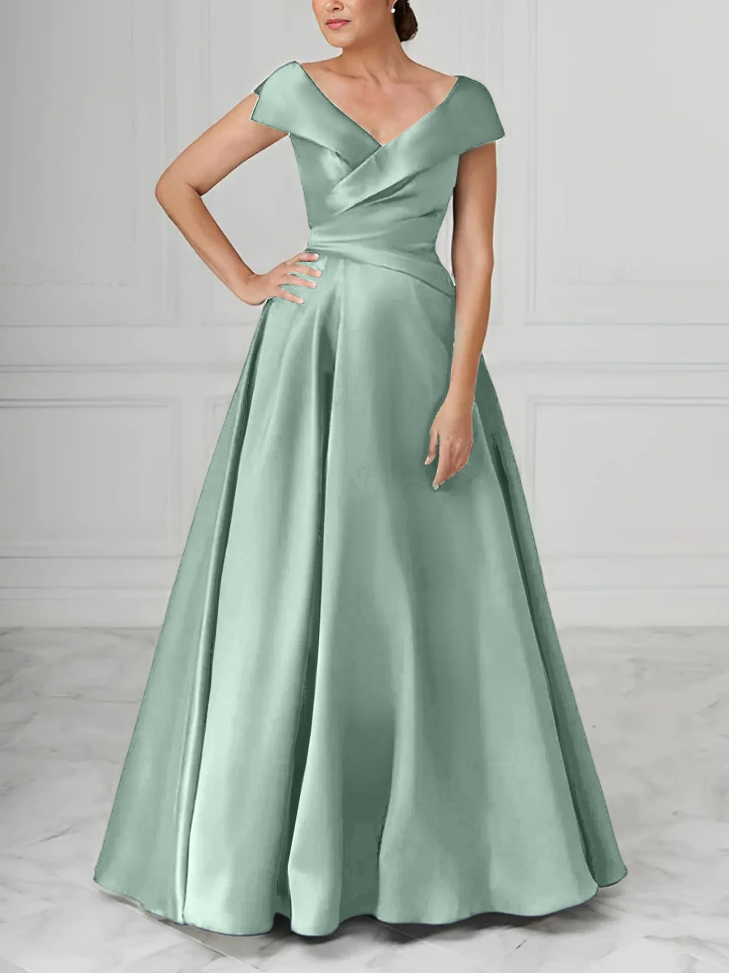 A-Line/Princess V-Neck Satin Mother of the Bride Dresses with Ruched - Image 19