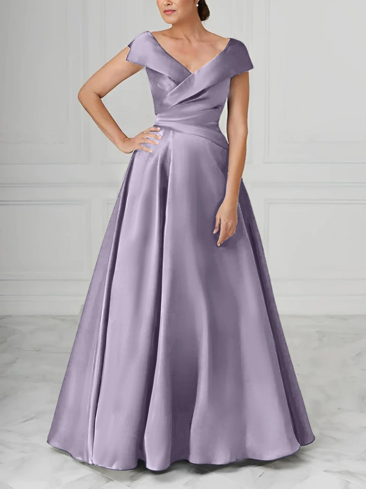 A-Line/Princess V-Neck Satin Mother of the Bride Dresses with Ruched - Image 67