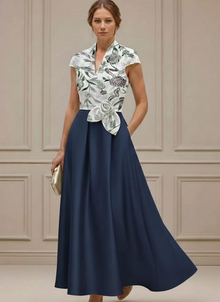 A-Line/Princess V-Neck Satin Mother of the Bride Dresses with Sash Short Sleeves Ankle-Length Floral - Image 3