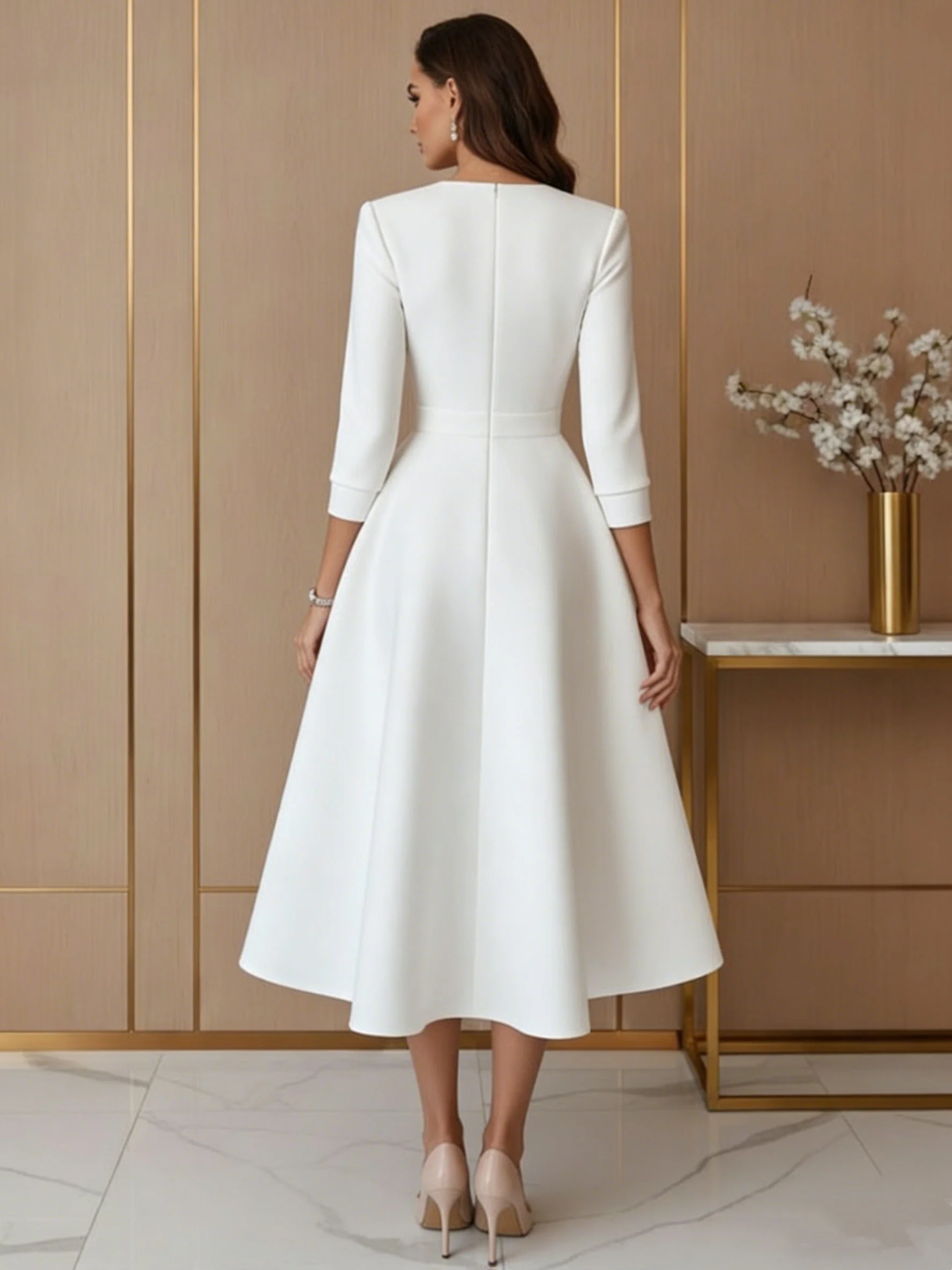 A-Line/Princess V-Neck Satin Wedding Dress Tea-length 3/4 Sleeves - Image 2