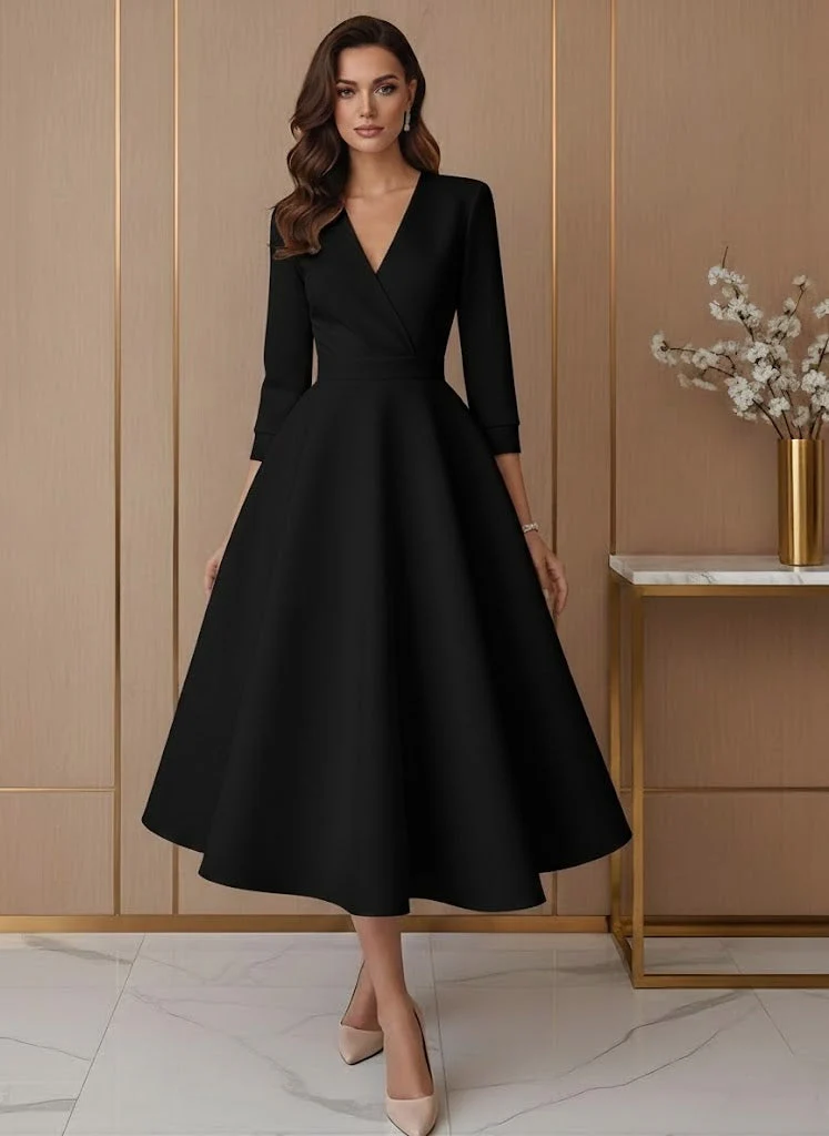 A-Line/Princess V-Neck Satin Wedding Dress Tea-length 3/4 Sleeves - Image 5