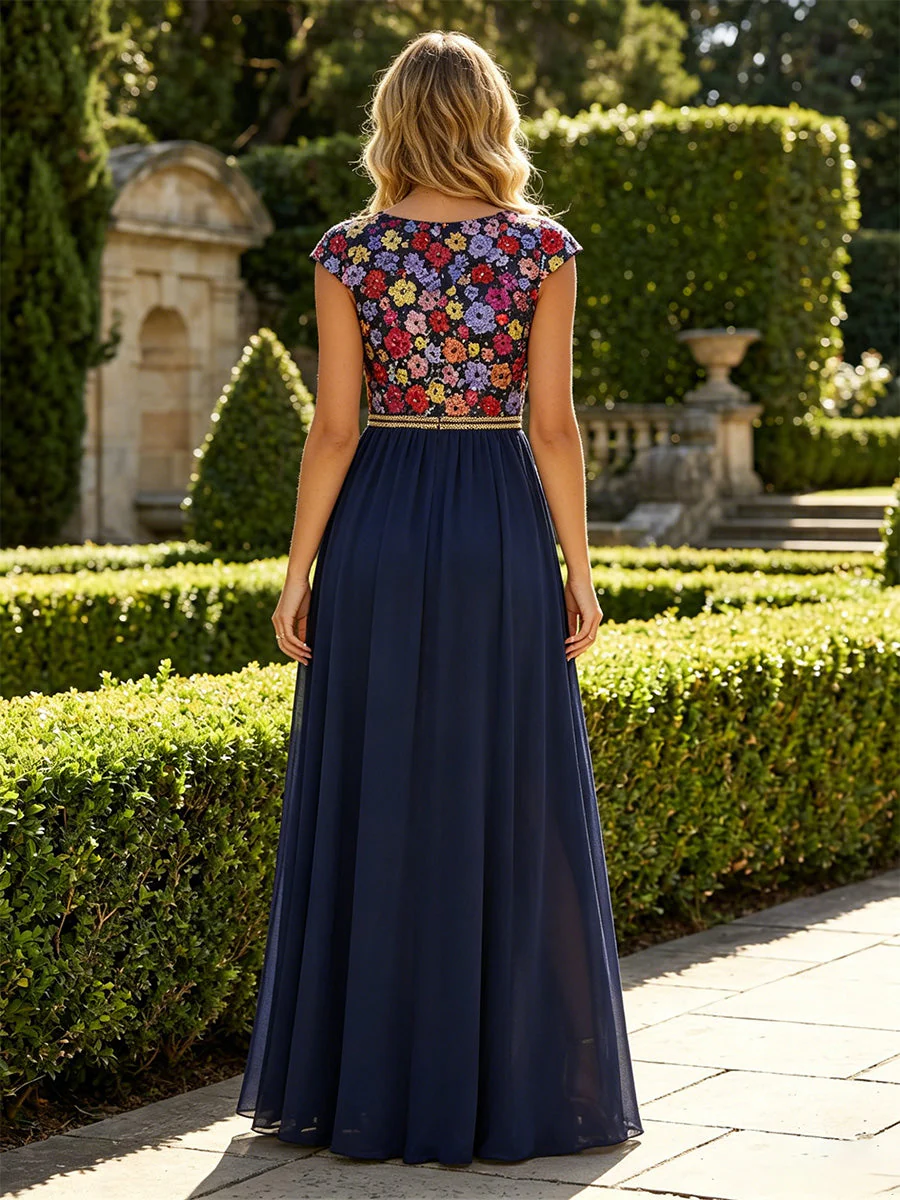 A-Line/Princess V Neck Sequins Evening Dresses with Split Side Chiffon Sleeveless Floral Formal Dresses - Image 2