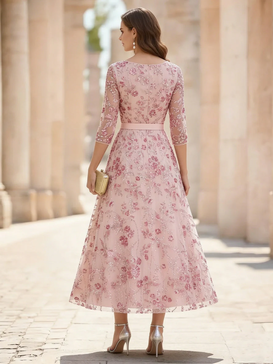 A-Line/Princess V-Neck Sequins Lace Mother of the Bride Dresses 3/4 Sleeves Floral Tea-Length - Image 2
