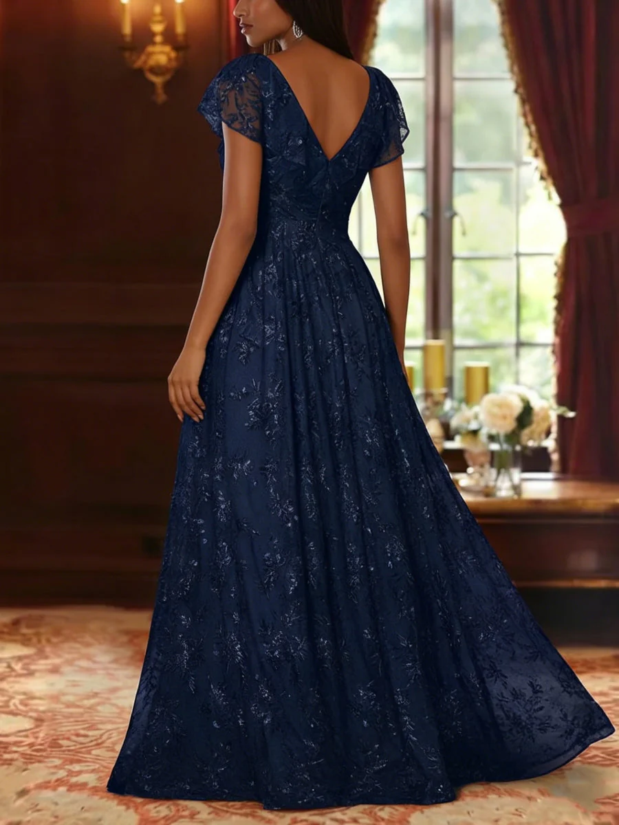 A-Line/Princess V-Neck Sequins Lace Mother of the Bride Dresses Short Sleeves Floral Floor-Length - Image 2