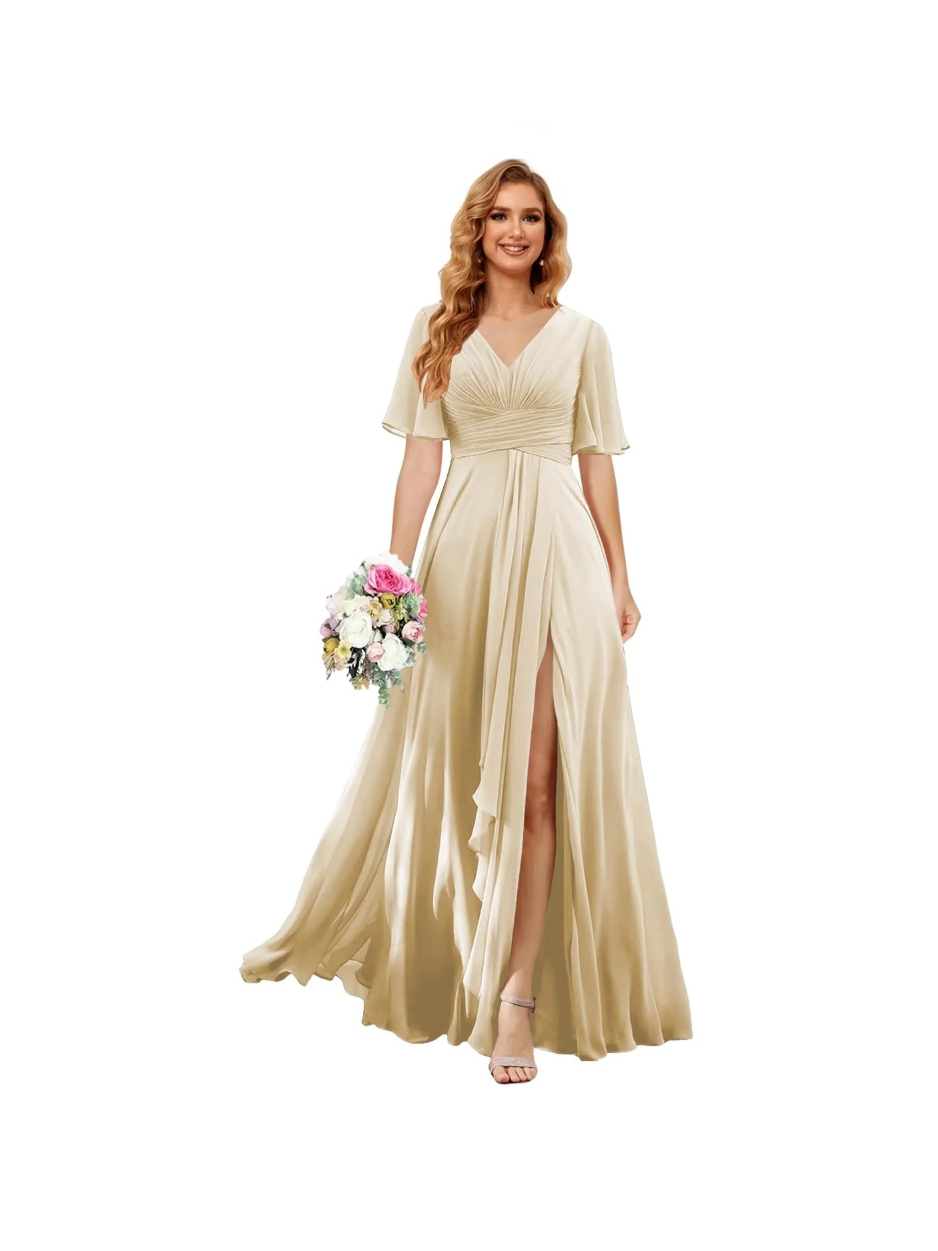 A Line/Princess  V Neck Short Sleeve Floor Length  Bridesmaid Dresses Chiffon with Slit - Image 18