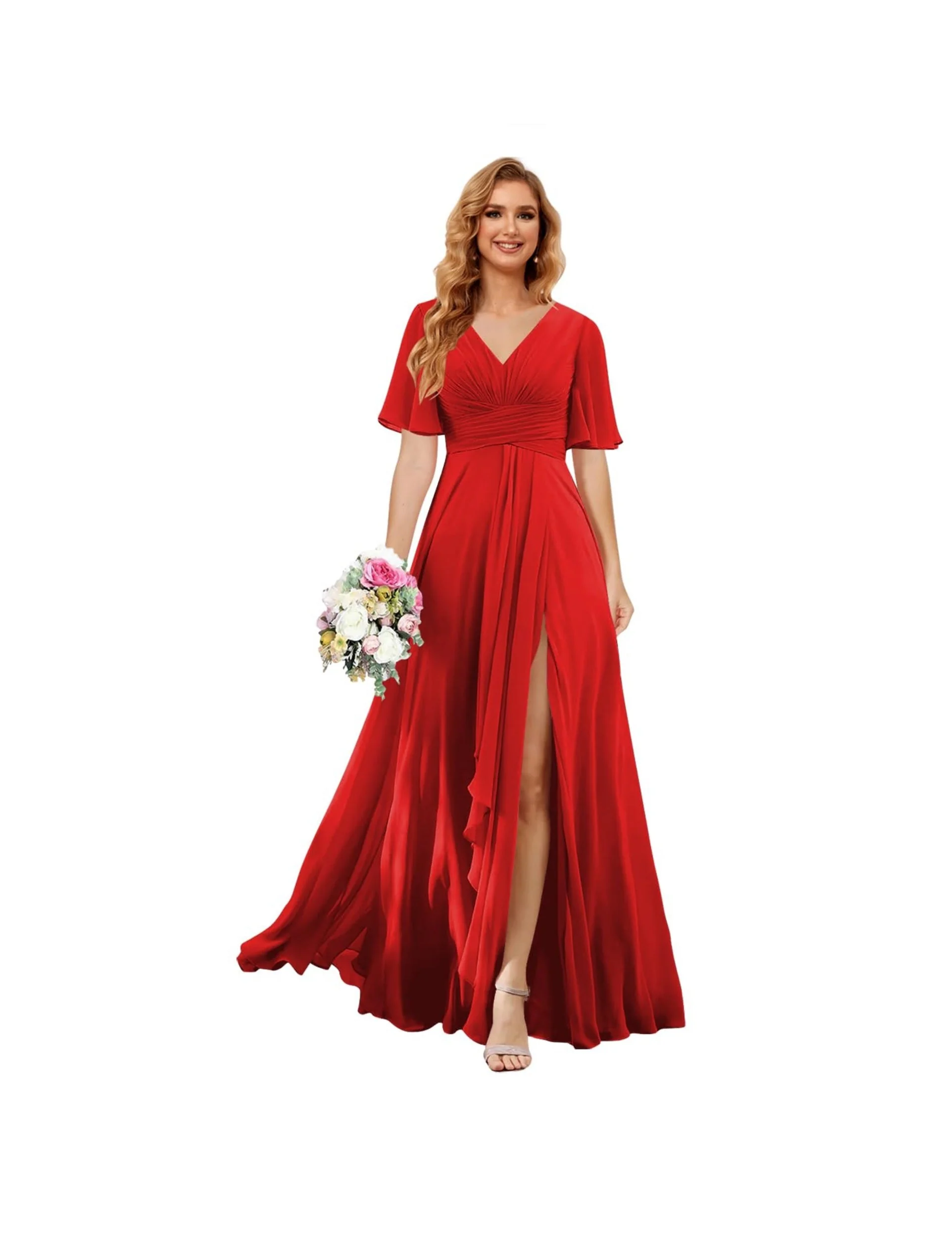 A Line/Princess  V Neck Short Sleeve Floor Length  Bridesmaid Dresses Chiffon with Slit - Image 29