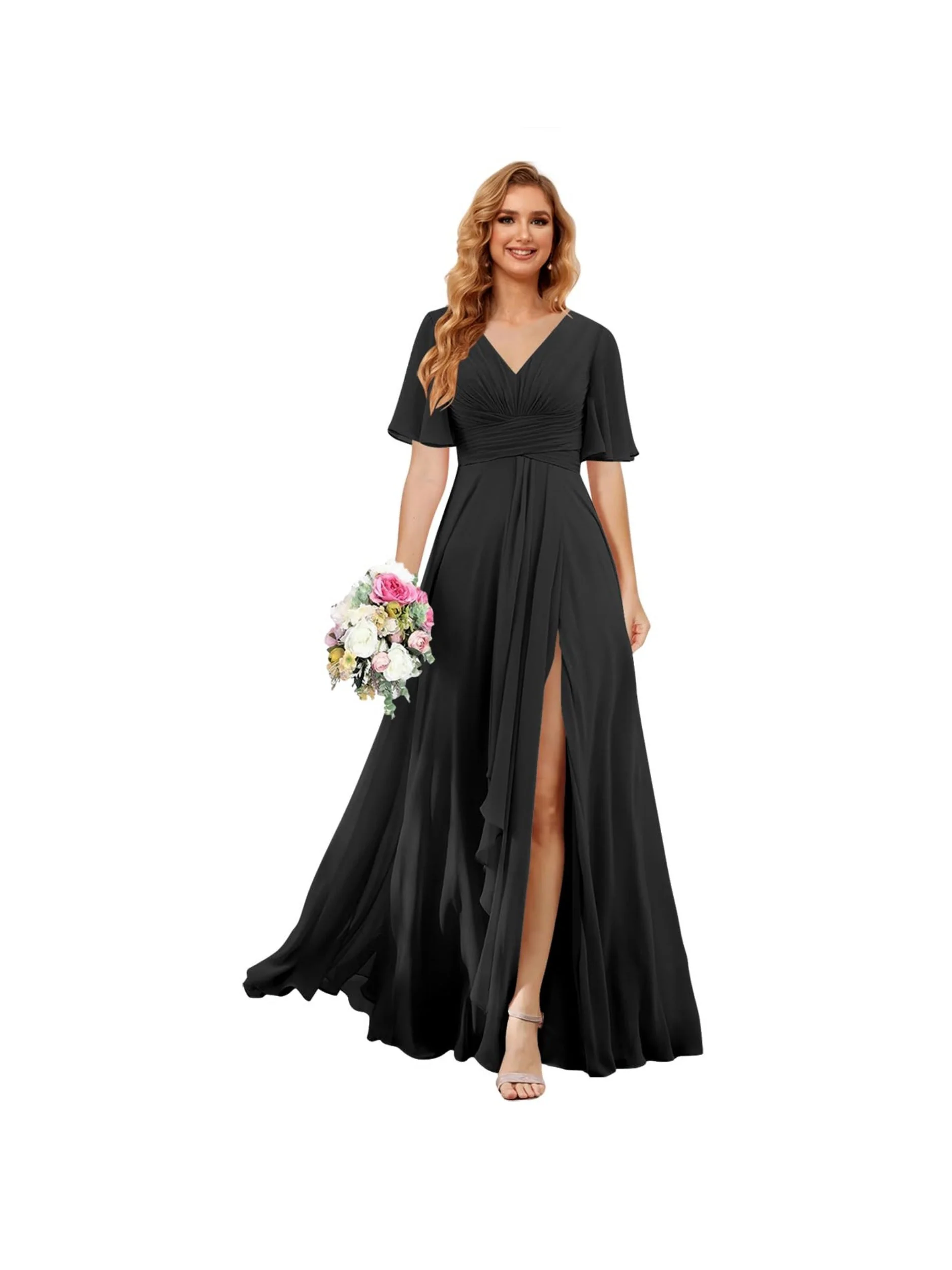 A Line/Princess  V Neck Short Sleeve Floor Length  Bridesmaid Dresses Chiffon with Slit - Image 3