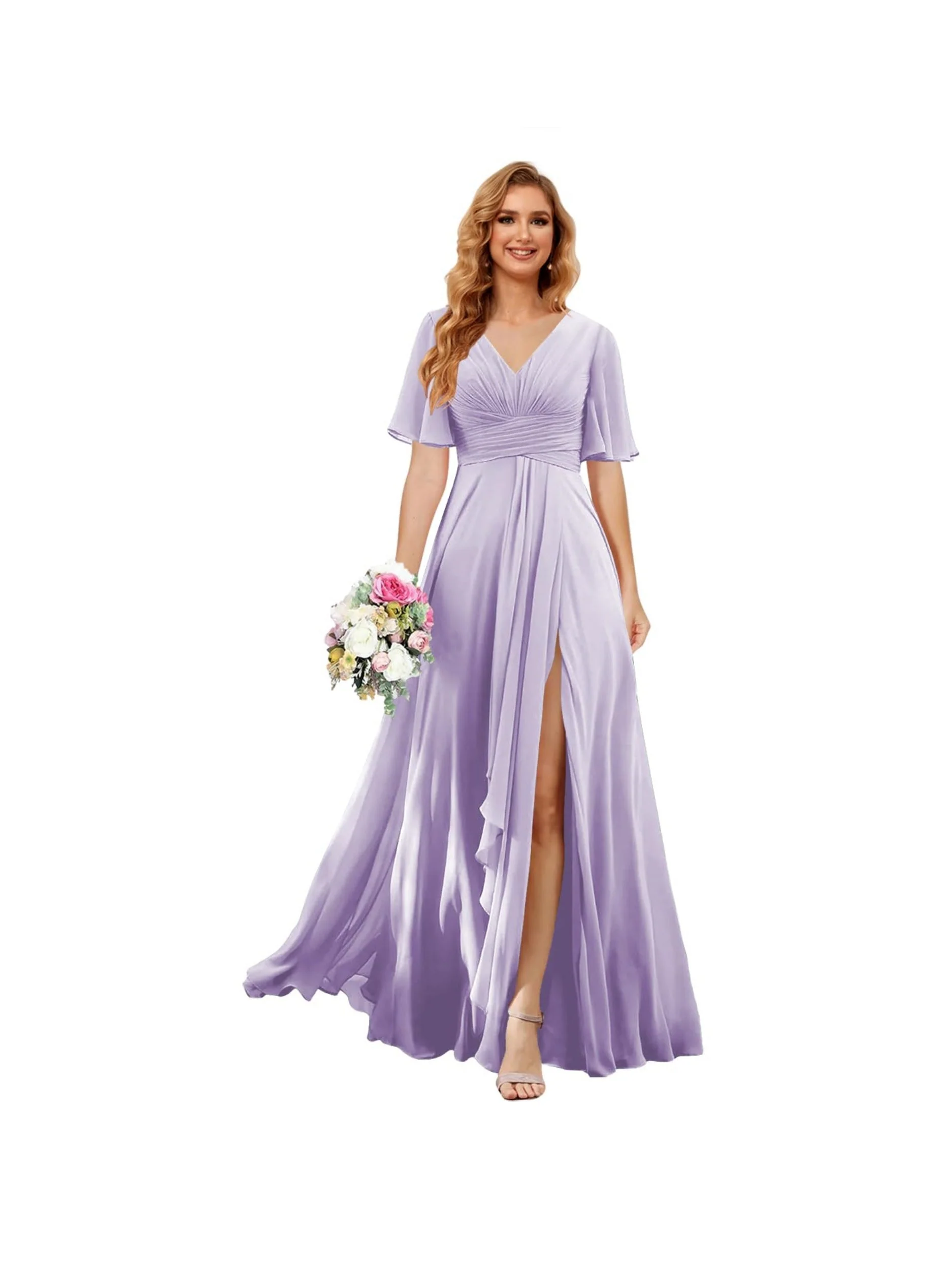 A Line/Princess  V Neck Short Sleeve Floor Length  Bridesmaid Dresses Chiffon with Slit - Image 30