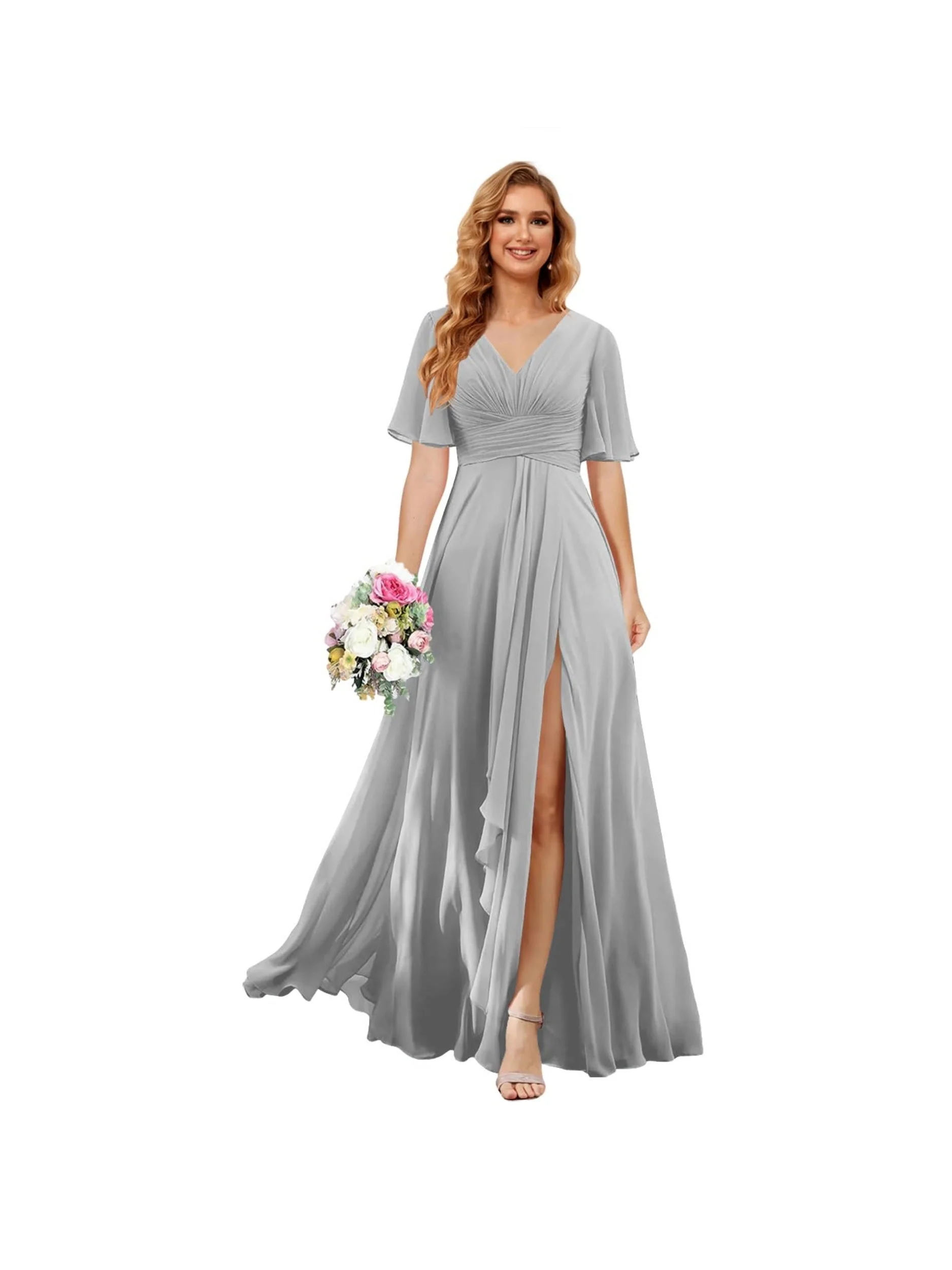 A Line/Princess  V Neck Short Sleeve Floor Length  Bridesmaid Dresses Chiffon with Slit - Image 6