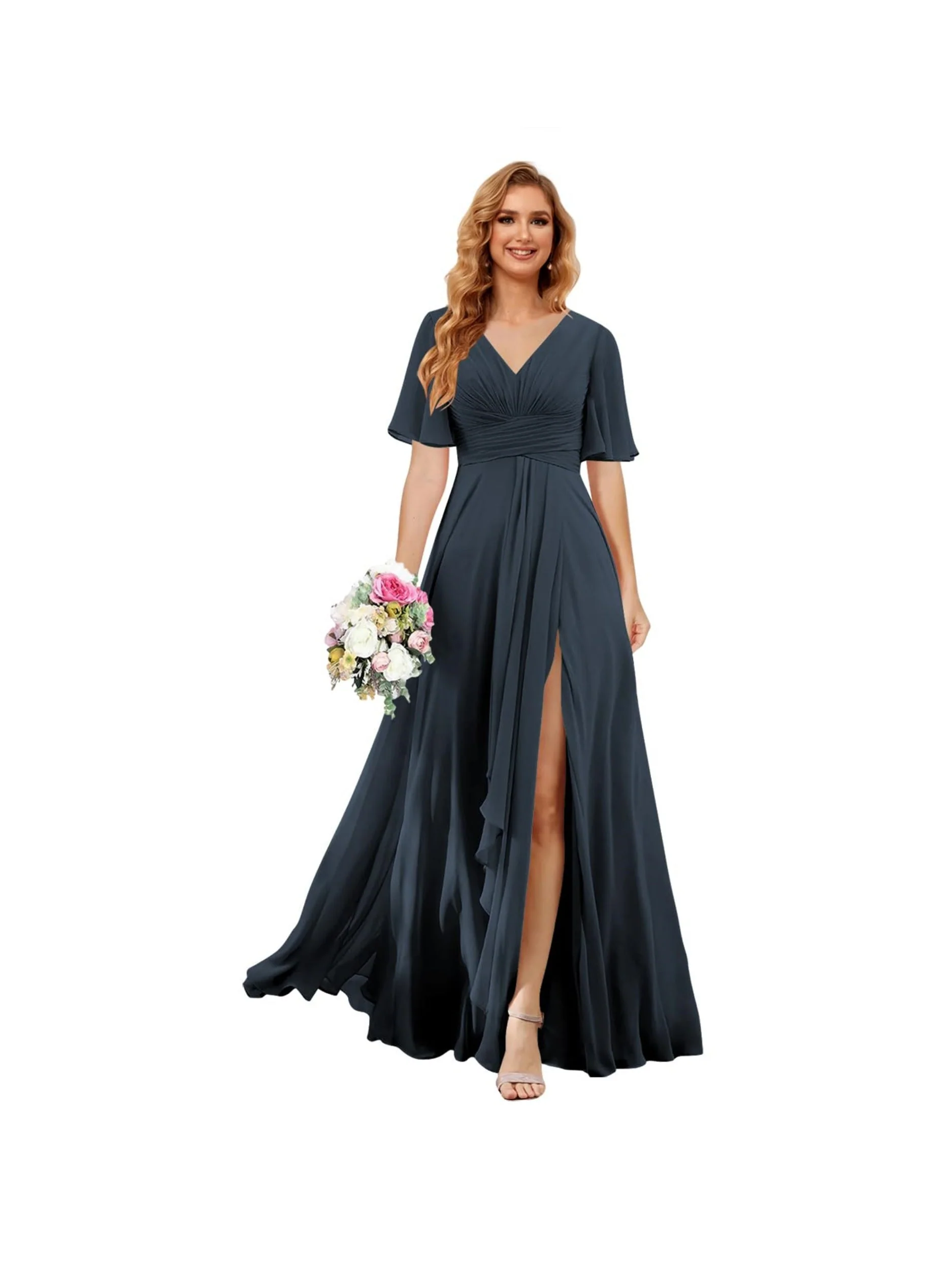 A Line/Princess  V Neck Short Sleeve Floor Length  Bridesmaid Dresses Chiffon with Slit - Image 9