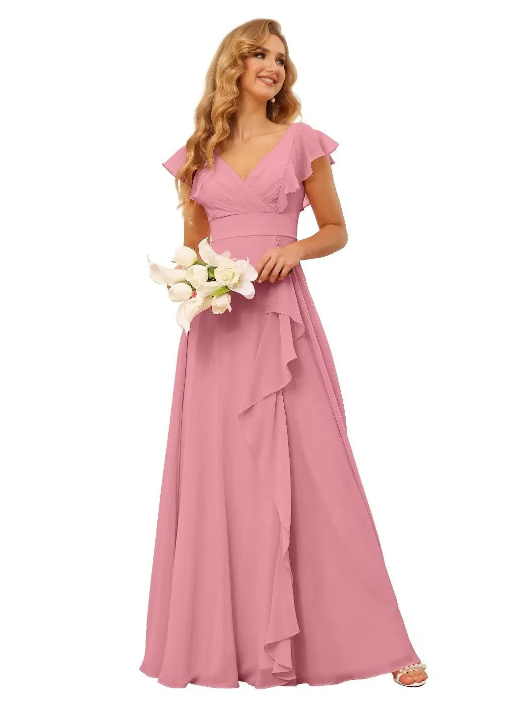 A-Line/Princess V Neck Short Sleeve Floor Length Bridesmaid Dresses With Ruffled Split - Image 10