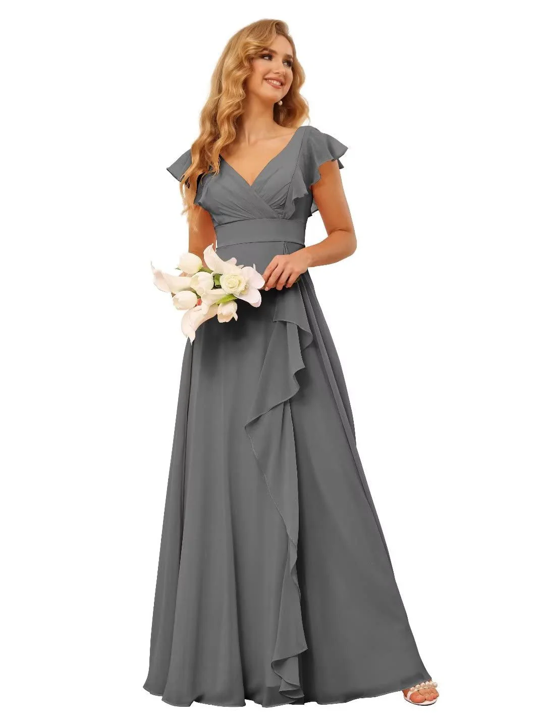 A-Line/Princess V Neck Short Sleeve Floor Length Bridesmaid Dresses With Ruffled Split - Image 11