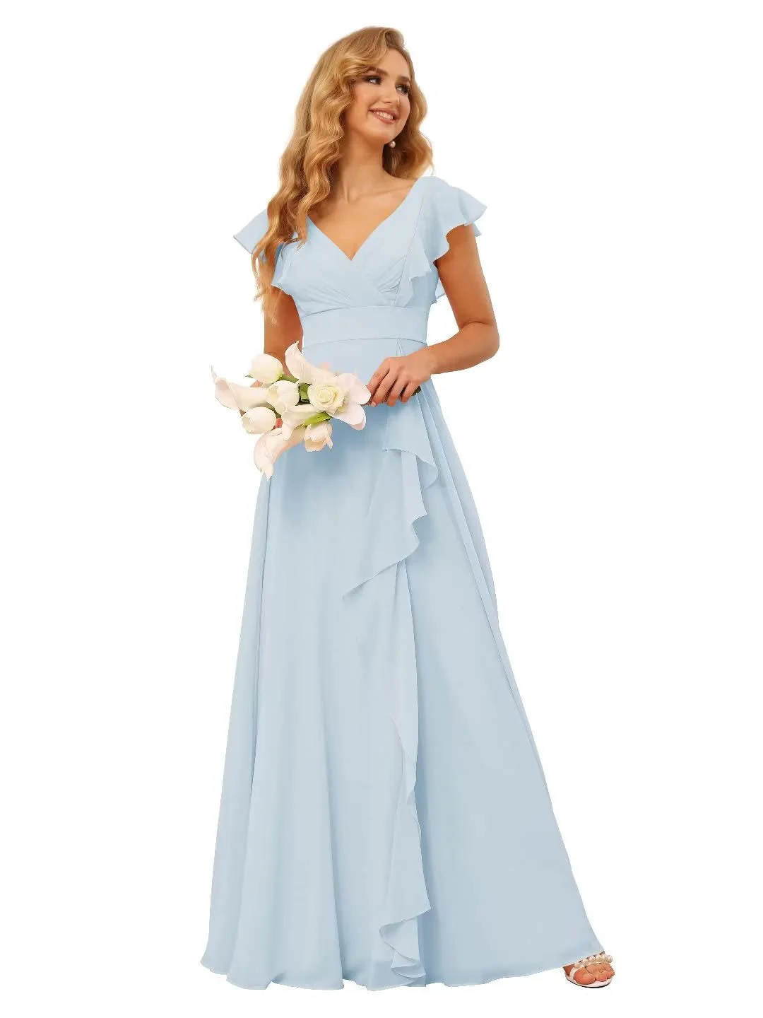 A-Line/Princess V Neck Short Sleeve Floor Length Bridesmaid Dresses With Ruffled Split - Image 15