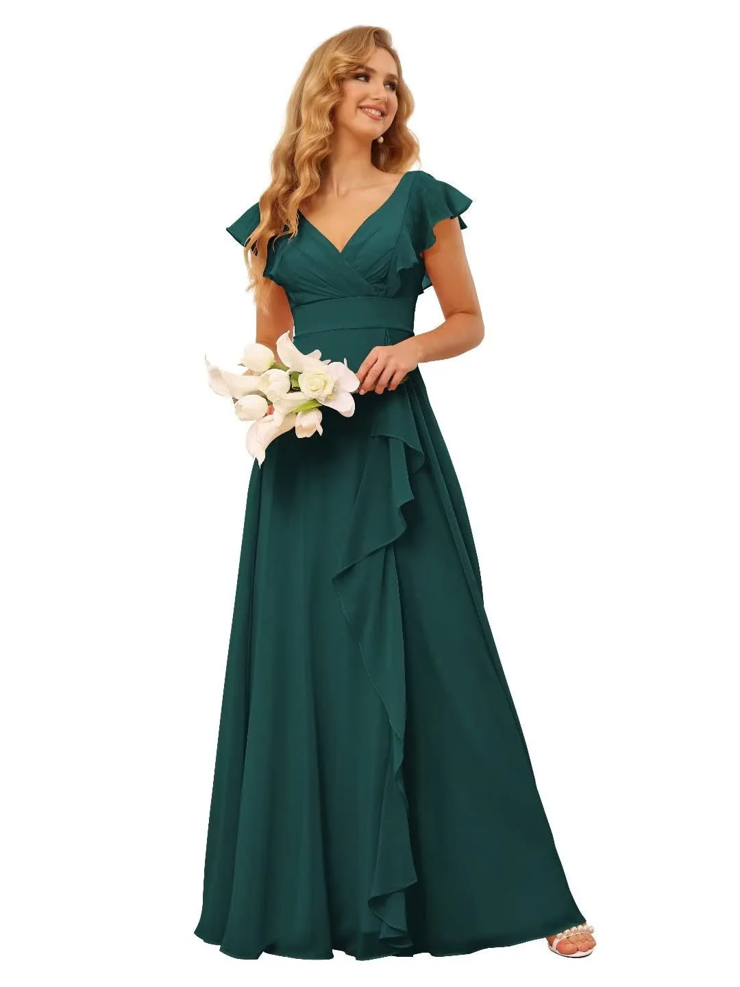 A-Line/Princess V Neck Short Sleeve Floor Length Bridesmaid Dresses With Ruffled Split - Image 19