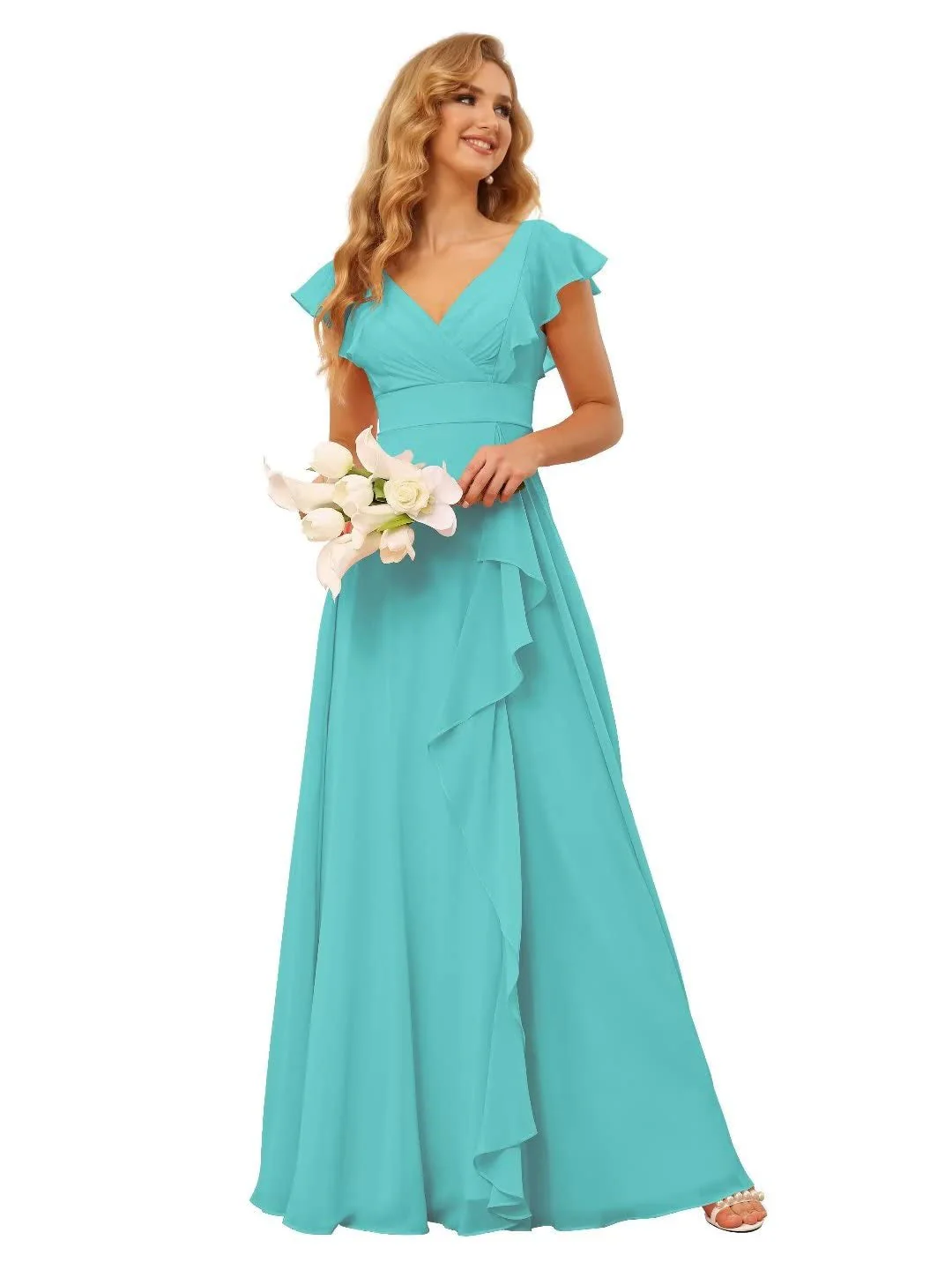 A-Line/Princess V Neck Short Sleeve Floor Length Bridesmaid Dresses With Ruffled Split - Image 29