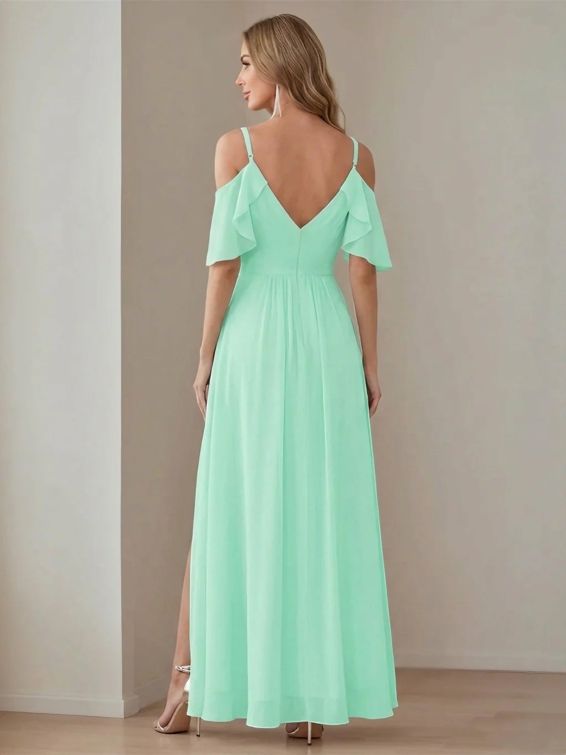 A-Line/Princess  V Neck Short Sleeve Spaghetti Straps Ankle  Length Bridesmaid Dresses  Chiffon with Ruffles Bow(s) - Image 2